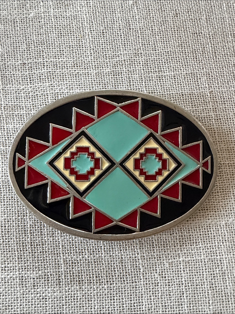 Vintage Gap 1993 made in the usa Turquoise and Red Geometric Enamel Belt Buckle